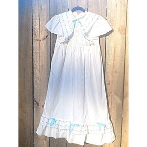 Sz 10 Polly Flinders Maxi White Smocked Cinderella Dress Blue Ribbons Cap Sleeve